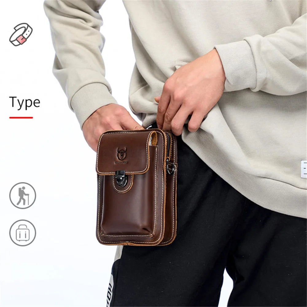 BULLCAPTAIN Crazy Horse Texture Genuine Cowhide Leather Bag for Under 7" Cell Phones Belt Pouch with Shoulder Strap - Coffee - 6