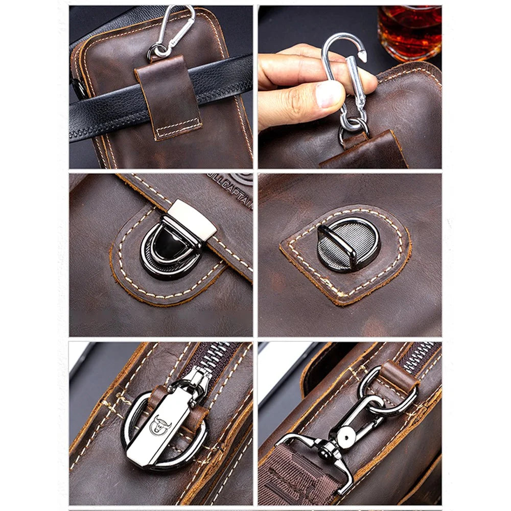 BULLCAPTAIN Crazy Horse Texture Genuine Cowhide Leather Bag for Under 7" Cell Phones Belt Pouch with Shoulder Strap - Coffee - 7