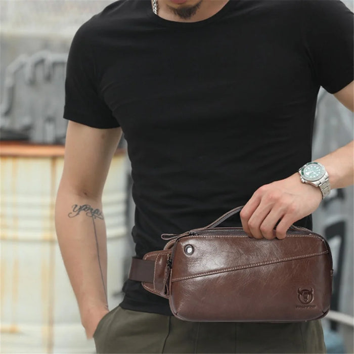 BULLCAPTAIN 080 Retro Waist Bag Top-Layer Cowhide Leather Chest Bag Crossbody Bag for Travel, Hiking, Business Trip - Orange - 3
