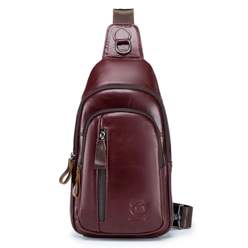 BULLCAPTAIN 100 Top-Layer Cowhide Leather Sports Chest Bag Crossbody Single Shoulder Bag Daypack - Coffee - 1