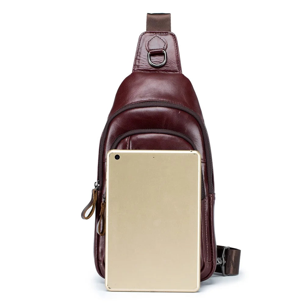BULLCAPTAIN 100 Top-Layer Cowhide Leather Sports Chest Bag Crossbody Single Shoulder Bag Daypack - Coffee - 3