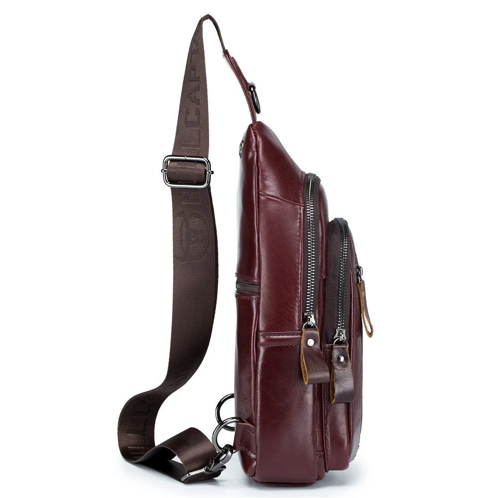 BULLCAPTAIN 100 Top-Layer Cowhide Leather Sports Chest Bag Crossbody Single Shoulder Bag Daypack - Coffee - 4