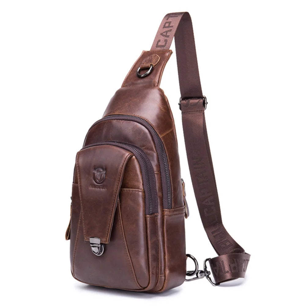 BULLCAPTAIN 110 Top-Layer Cowhide Leather Crossbody Bag Multifunction Outdoor Sports Chest Bag Day Pack Backpack - Brown - 1