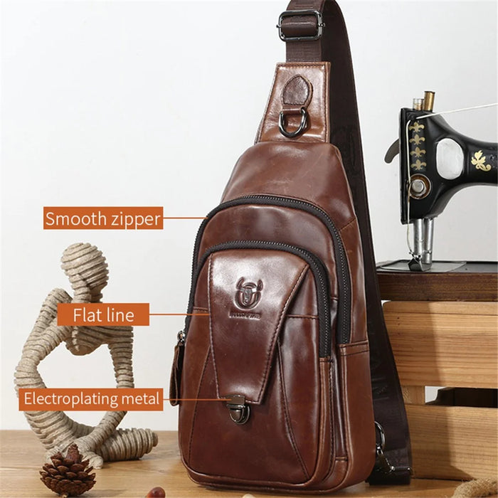 BULLCAPTAIN 110 Top-Layer Cowhide Leather Crossbody Bag Multifunction Outdoor Sports Chest Bag Day Pack Backpack - Brown - 2