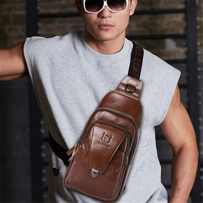 BULLCAPTAIN 110 Top-Layer Cowhide Leather Crossbody Bag Multifunction Outdoor Sports Chest Bag Day Pack Backpack - Brown - 4