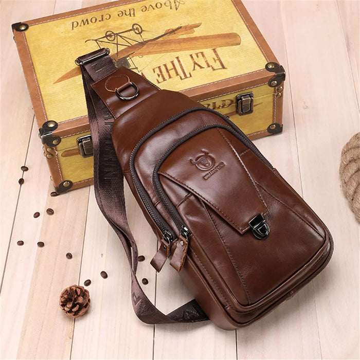 BULLCAPTAIN 110 Top-Layer Cowhide Leather Crossbody Bag Multifunction Outdoor Sports Chest Bag Day Pack Backpack - Brown - 5