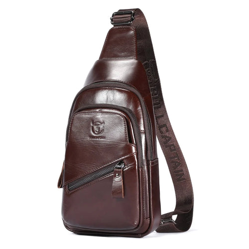 BULLCAPTAIN 0127 Large Chest Bag Top-Layer Cowhide Leather Crossbody Daypack with USB Charging Port - Coffee - 1