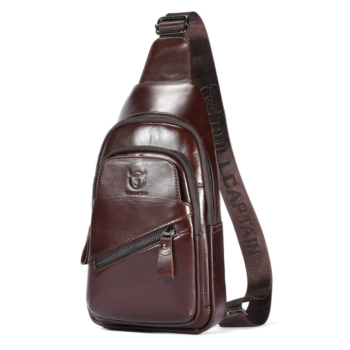BULLCAPTAIN 0127 Large Chest Bag Top-Layer Cowhide Leather Crossbody Daypack with USB Charging Port - Coffee - 1