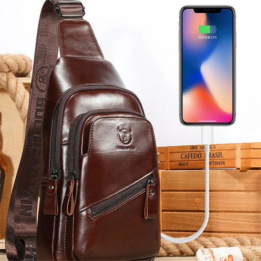 BULLCAPTAIN 0127 Large Chest Bag Top-Layer Cowhide Leather Crossbody Daypack with USB Charging Port - Coffee - 2