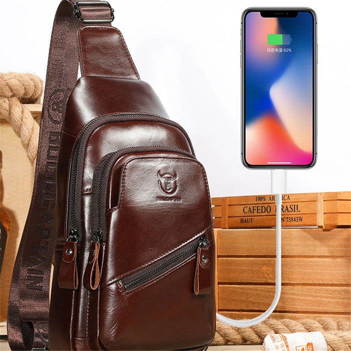 BULLCAPTAIN 0127 Large Chest Bag Top-Layer Cowhide Leather Crossbody Daypack with USB Charging Port - Coffee - 2