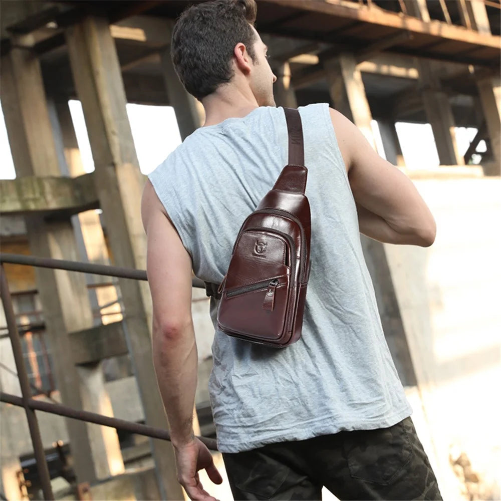 BULLCAPTAIN 0127 Large Chest Bag Top-Layer Cowhide Leather Crossbody Daypack with USB Charging Port - Coffee - 3