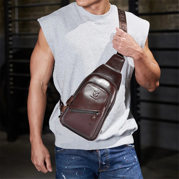 BULLCAPTAIN 0127 Large Chest Bag Top-Layer Cowhide Leather Crossbody Daypack with USB Charging Port - Coffee - 4