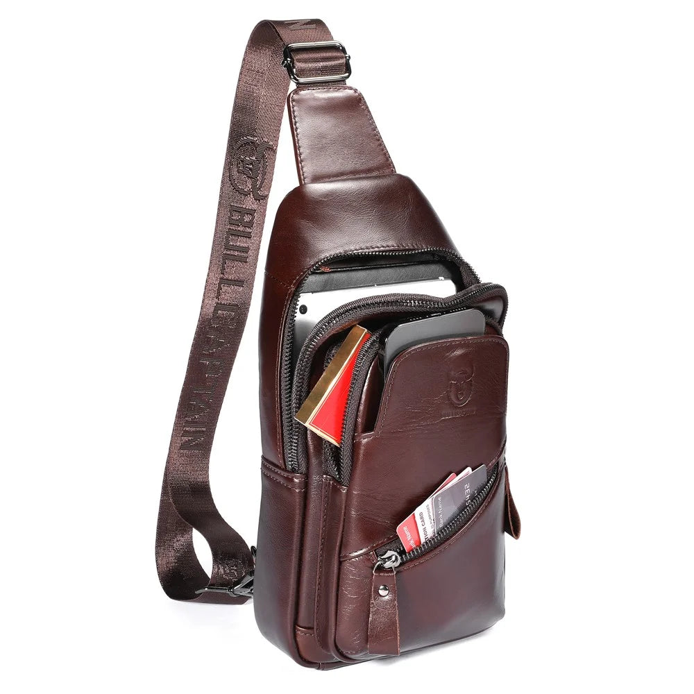 BULLCAPTAIN 0127 Large Chest Bag Top-Layer Cowhide Leather Crossbody Daypack with USB Charging Port - Coffee - 7