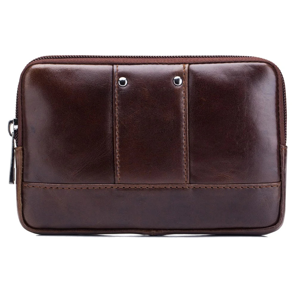 BULLCAPTAIN Horizontal Smartphone Pouch for 5.5-6.44" Cell Phones Genuine Cowhide Leather Waist Phone Bag - Brown - 5