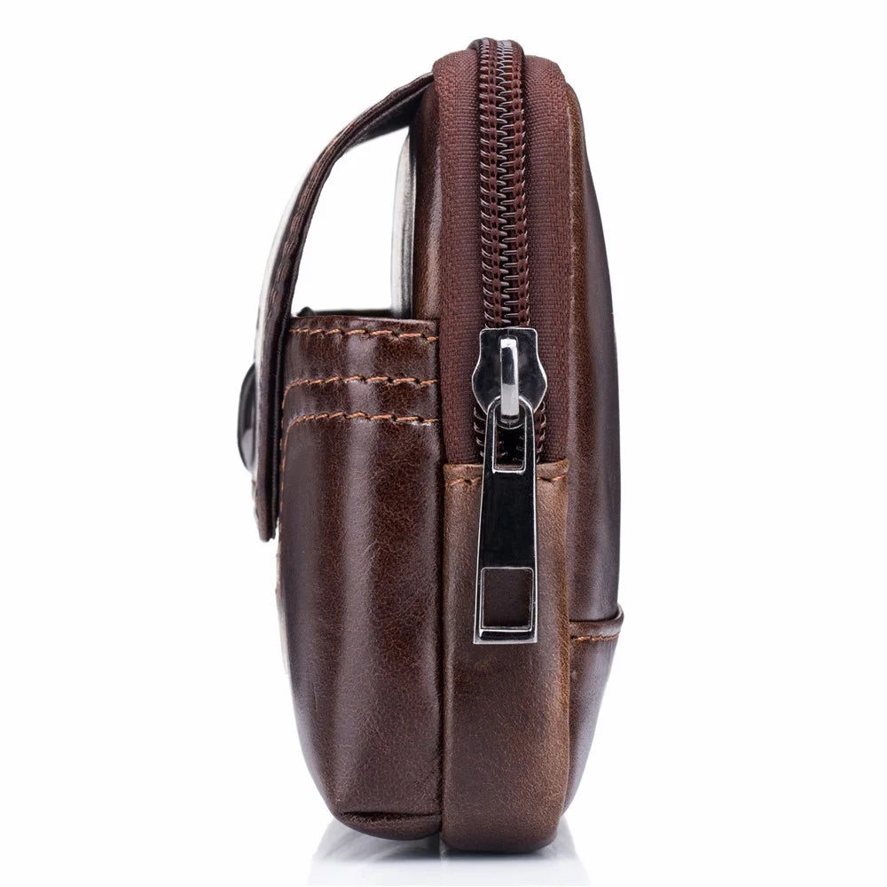 BULLCAPTAIN Horizontal Smartphone Pouch for 5.5-6.44" Cell Phones Genuine Cowhide Leather Waist Phone Bag - Brown - 6