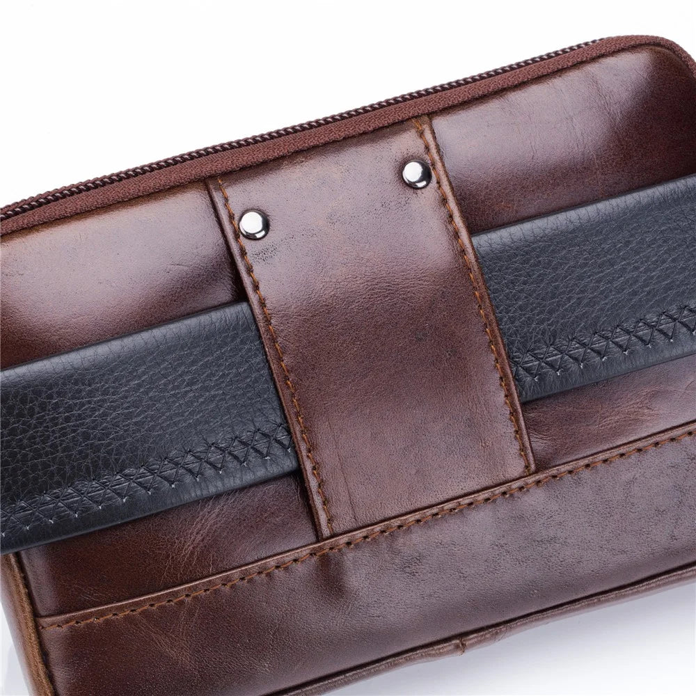 BULLCAPTAIN Horizontal Smartphone Pouch for 5.5-6.44" Cell Phones Genuine Cowhide Leather Waist Phone Bag - Brown - 7