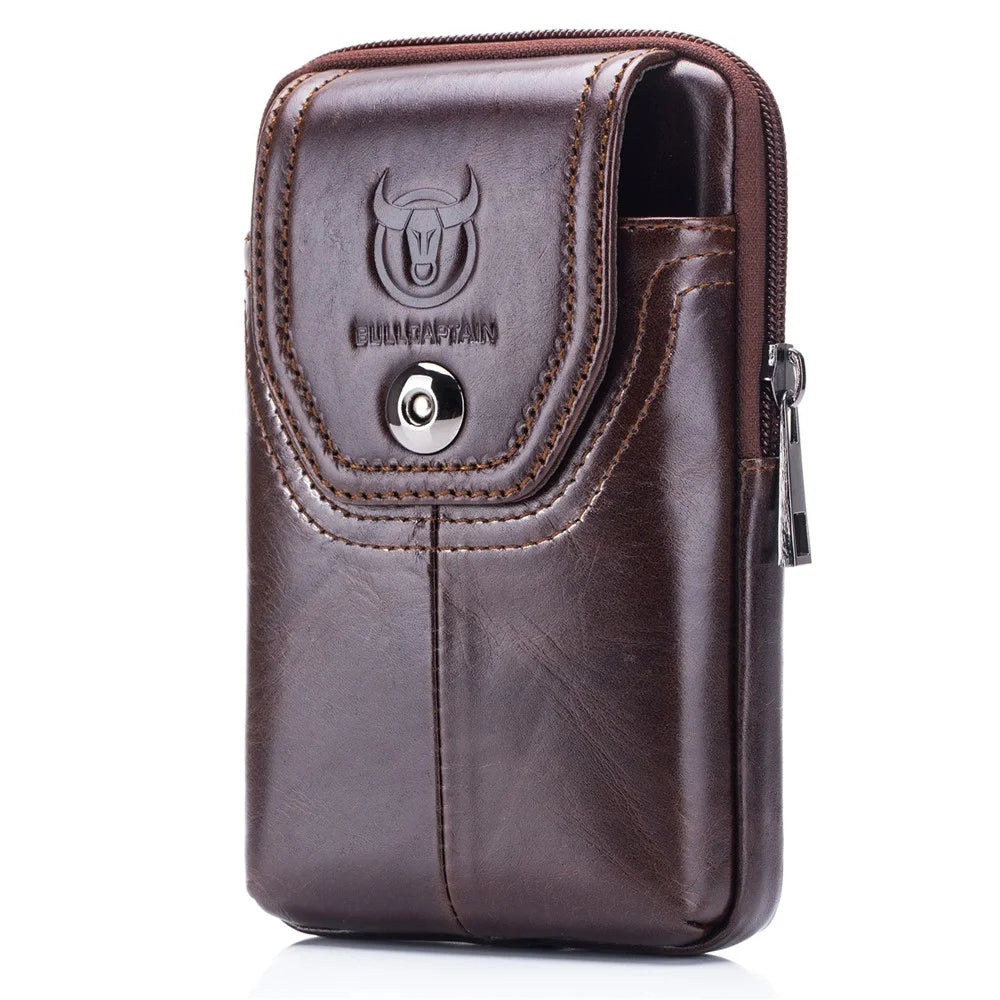 BULLCAPTAIN Genuine Cowhide Leather Phone Pouch for 5.0-5.5" Cell Phones Vertical Belt Bag for Men - Brown - 1