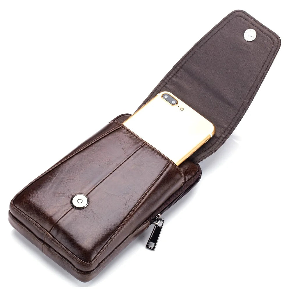 BULLCAPTAIN Genuine Cowhide Leather Phone Pouch for 5.0-5.5" Cell Phones Vertical Belt Bag for Men - Brown - 4