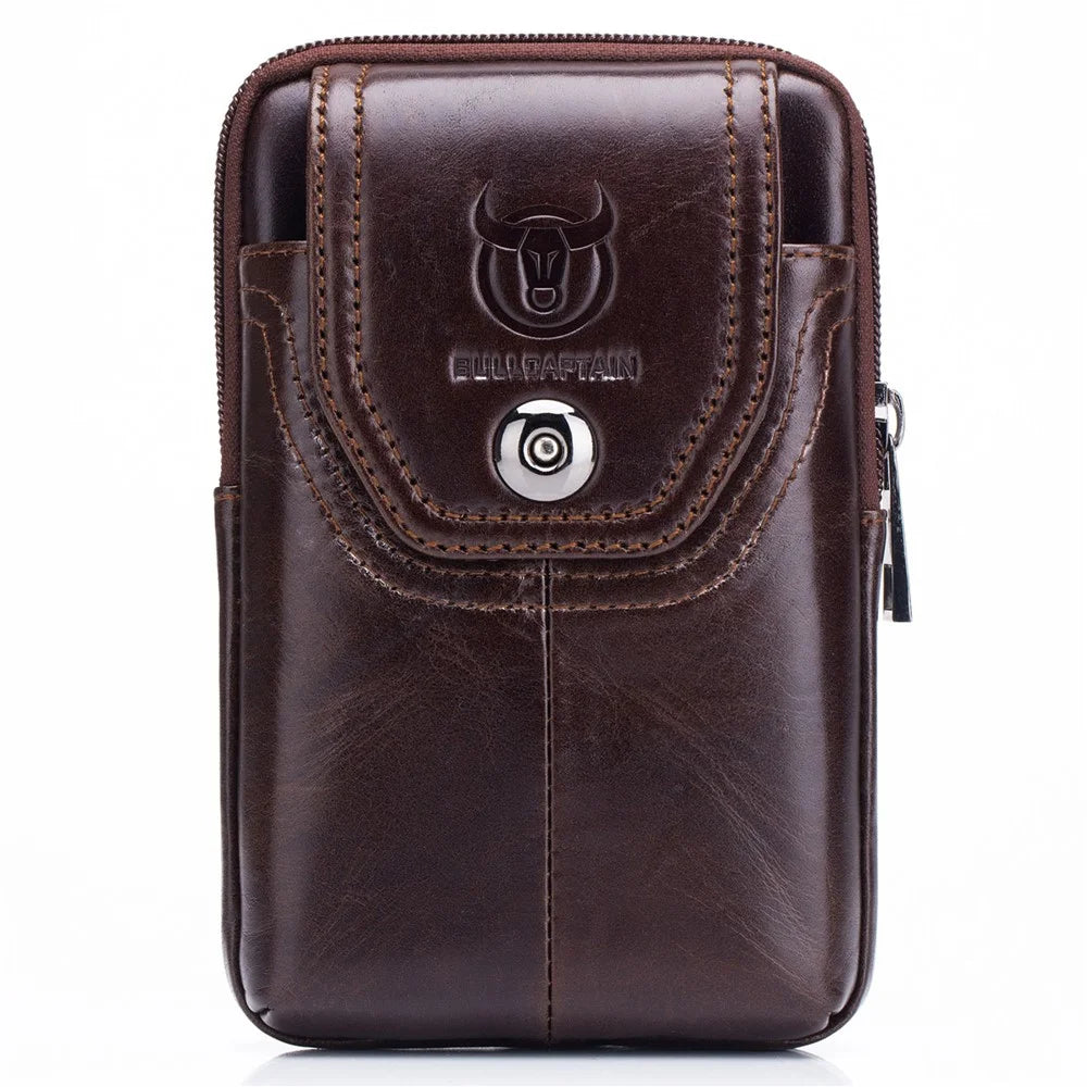 BULLCAPTAIN Genuine Cowhide Leather Phone Pouch for 5.0-5.5" Cell Phones Vertical Belt Bag for Men - Brown - 5