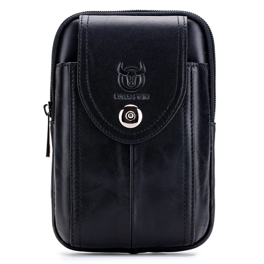 BULLCAPTAIN Vertical Mobile Phone Pouch with Hook for 5.5-6.44" Cell Phones Genuine Cowhide Leather Waist Phone Bag - Black - 1