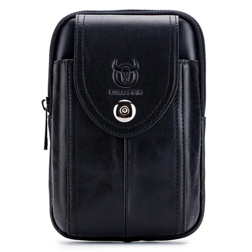 BULLCAPTAIN Vertical Mobile Phone Pouch with Hook for 5.5-6.44" Cell Phones Genuine Cowhide Leather Waist Phone Bag - Black - 1
