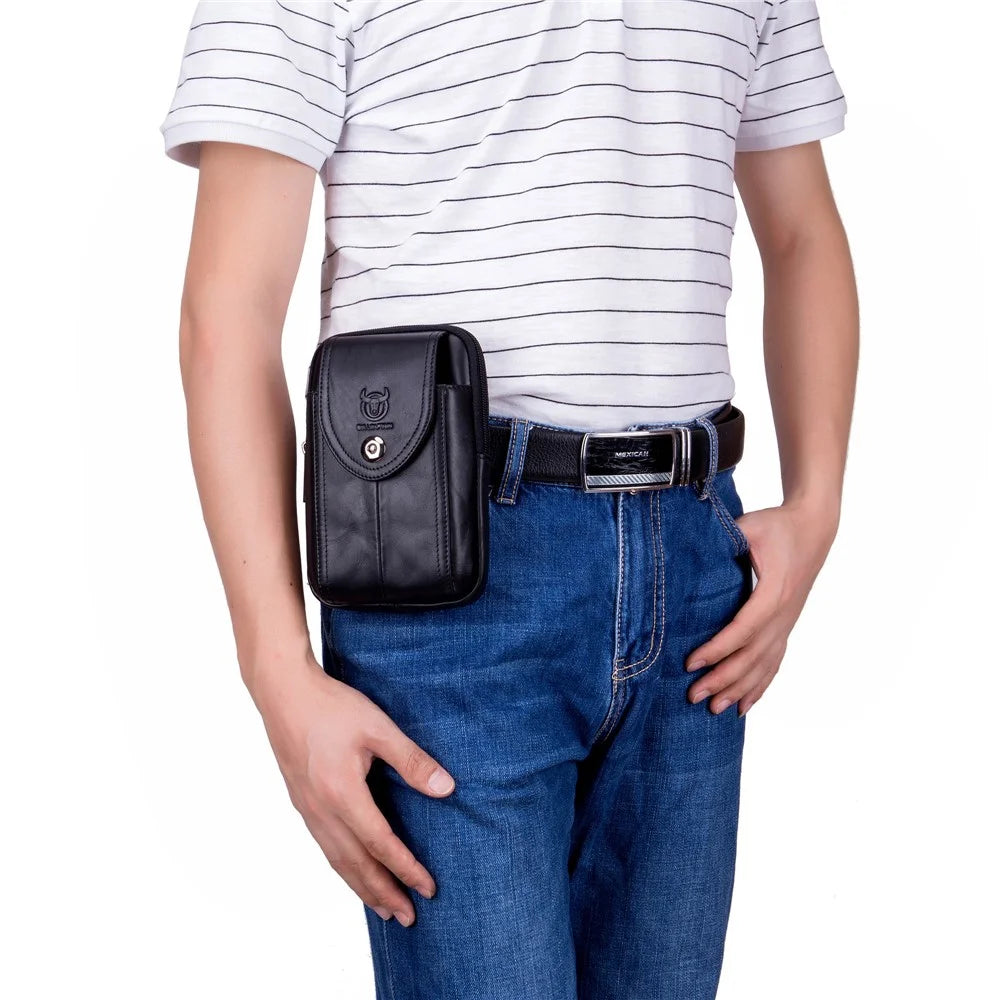 BULLCAPTAIN Vertical Mobile Phone Pouch with Hook for 5.5-6.44" Cell Phones Genuine Cowhide Leather Waist Phone Bag - Black - 2