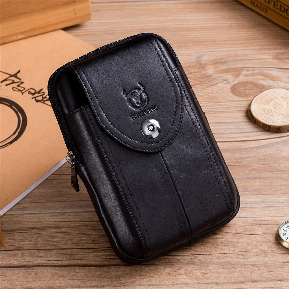 BULLCAPTAIN Vertical Mobile Phone Pouch with Hook for 5.5-6.44" Cell Phones Genuine Cowhide Leather Waist Phone Bag - Black - 3
