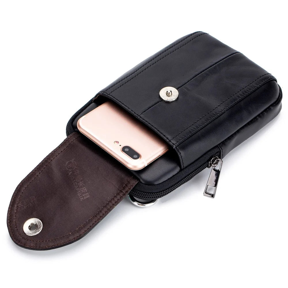 BULLCAPTAIN Vertical Mobile Phone Pouch with Hook for 5.5-6.44" Cell Phones Genuine Cowhide Leather Waist Phone Bag - Black - 5