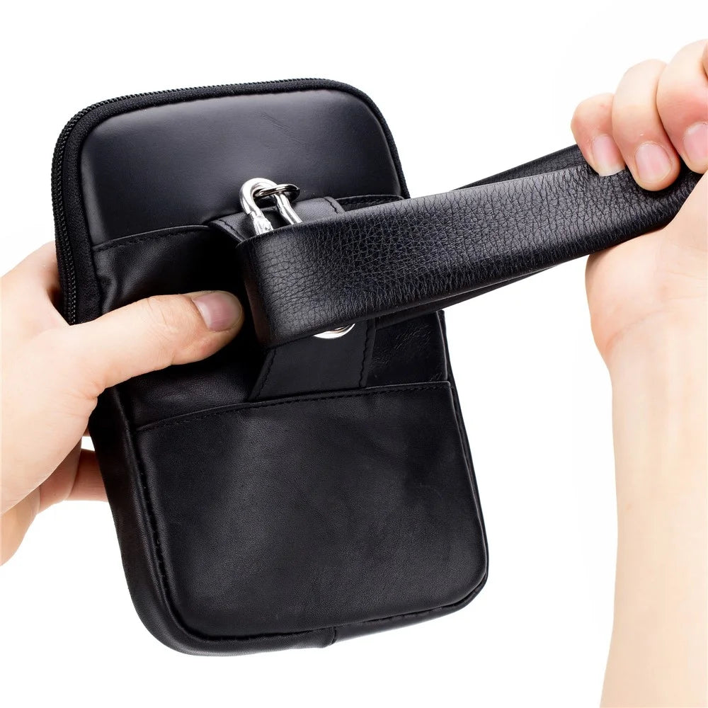 BULLCAPTAIN Vertical Mobile Phone Pouch with Hook for 5.5-6.44" Cell Phones Genuine Cowhide Leather Waist Phone Bag - Black - 6
