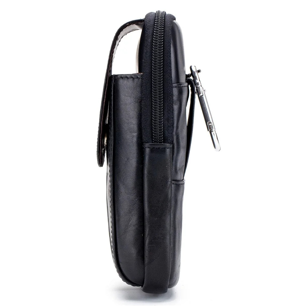 BULLCAPTAIN Vertical Mobile Phone Pouch with Hook for 5.5-6.44" Cell Phones Genuine Cowhide Leather Waist Phone Bag - Black - 7