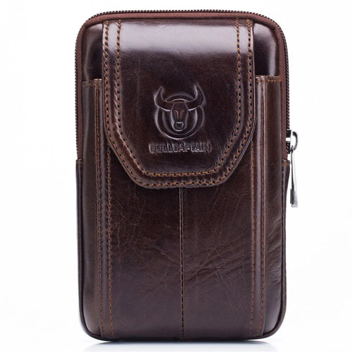 BULLCAPTAIN Genuine Cowhide Leather Pouch for 5.0-5.5" Mobile Phones Vertical Belt Bag with Hook - Brown - 1