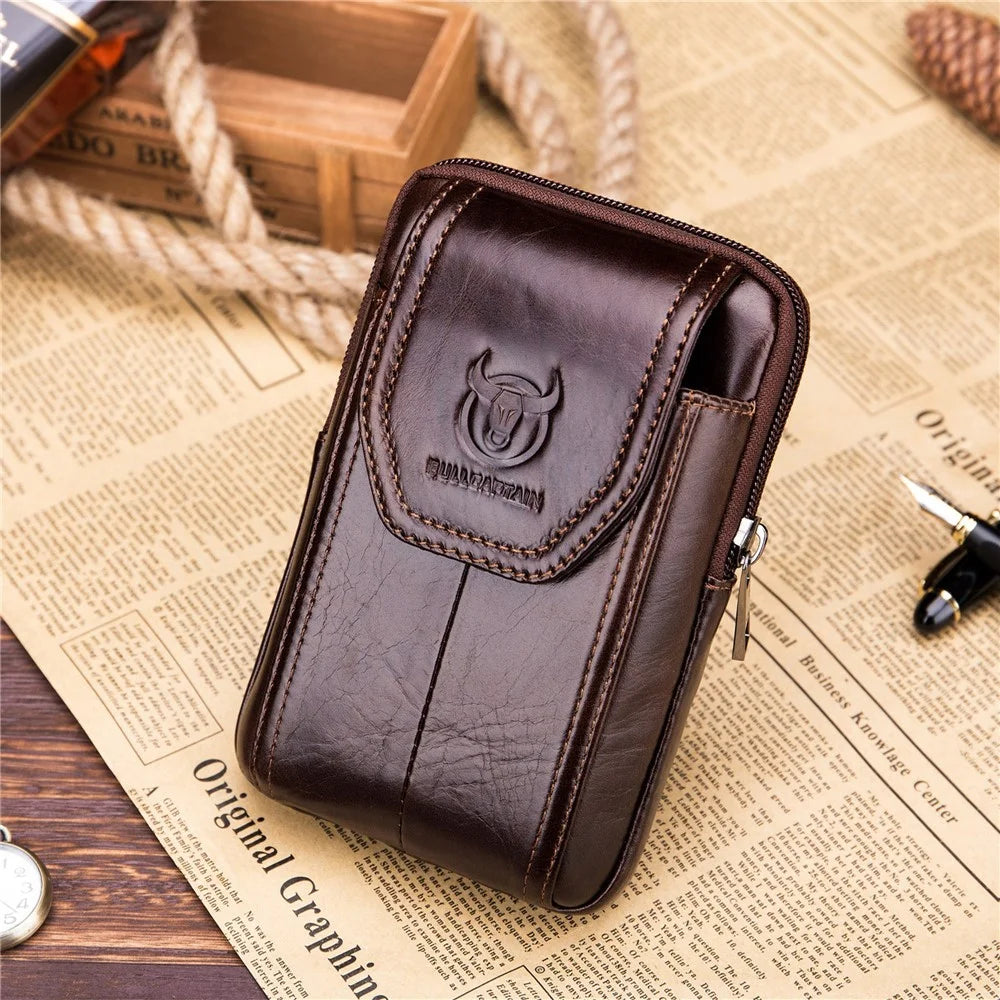 BULLCAPTAIN Genuine Cowhide Leather Pouch for 5.0-5.5" Mobile Phones Vertical Belt Bag with Hook - Brown - 3