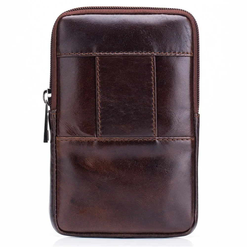 BULLCAPTAIN Genuine Cowhide Leather Pouch for 5.0-5.5" Mobile Phones Vertical Belt Bag with Hook - Brown - 5