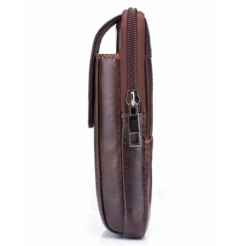 BULLCAPTAIN Genuine Cowhide Leather Pouch for 5.0-5.5" Mobile Phones Vertical Belt Bag with Hook - Brown - 6