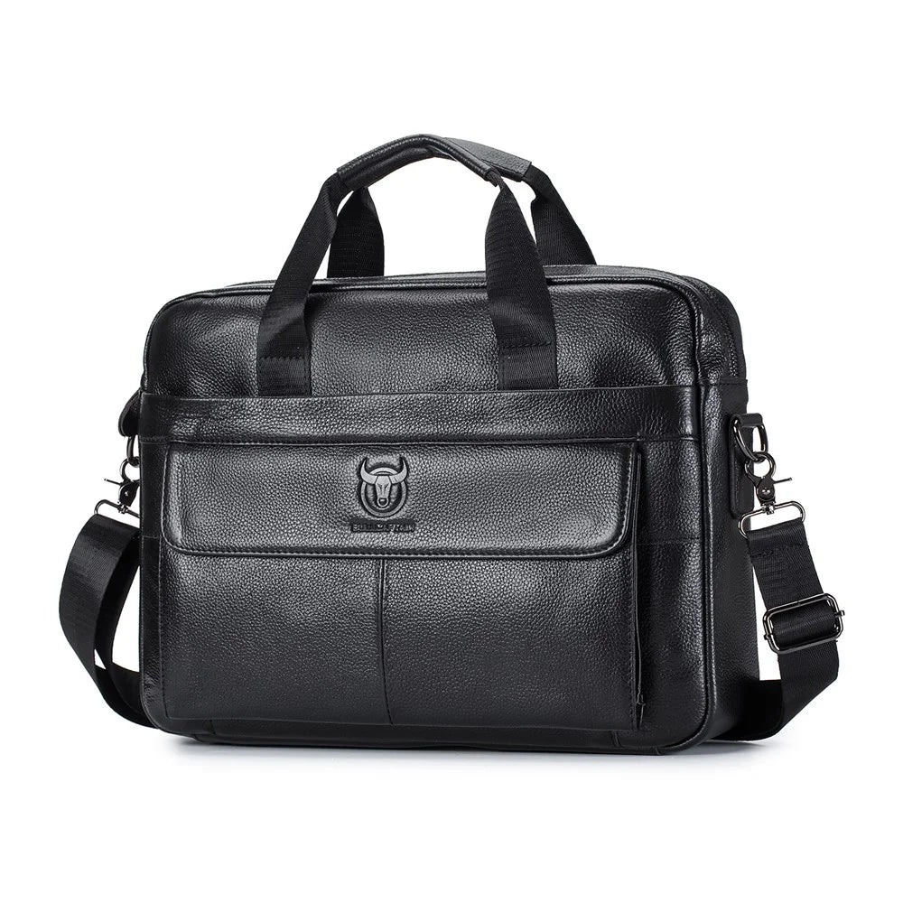 BULLCAPTAIN 046 Top Layer Cowhide Leather Laptop Briefcase for Men Business Crossbody Bag with Shoulder Strap - Black - 1