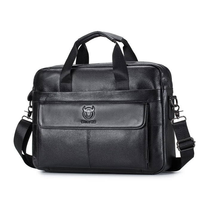 BULLCAPTAIN 046 Top Layer Cowhide Leather Laptop Briefcase for Men Business Crossbody Bag with Shoulder Strap - Black - 1