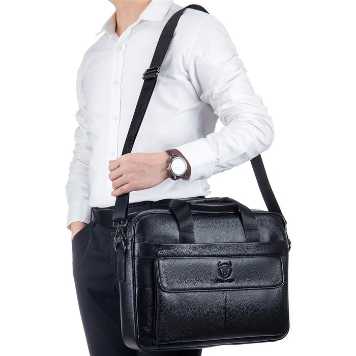 BULLCAPTAIN 046 Top Layer Cowhide Leather Laptop Briefcase for Men Business Crossbody Bag with Shoulder Strap - Black - 2
