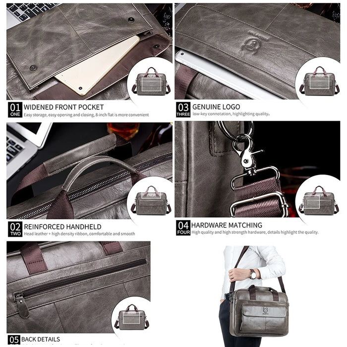 BULLCAPTAIN 046 Top Layer Cowhide Leather Laptop Briefcase for Men Business Crossbody Bag with Shoulder Strap - Black - 7