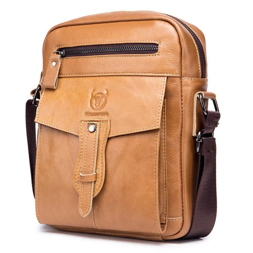 BULLCAPTAIN 053 Large Crossbody Bag Business Style Shoulder Bag Top-Layer Cowhide Leather Travel  Bag, Size: S - Yellowish-brown - 1