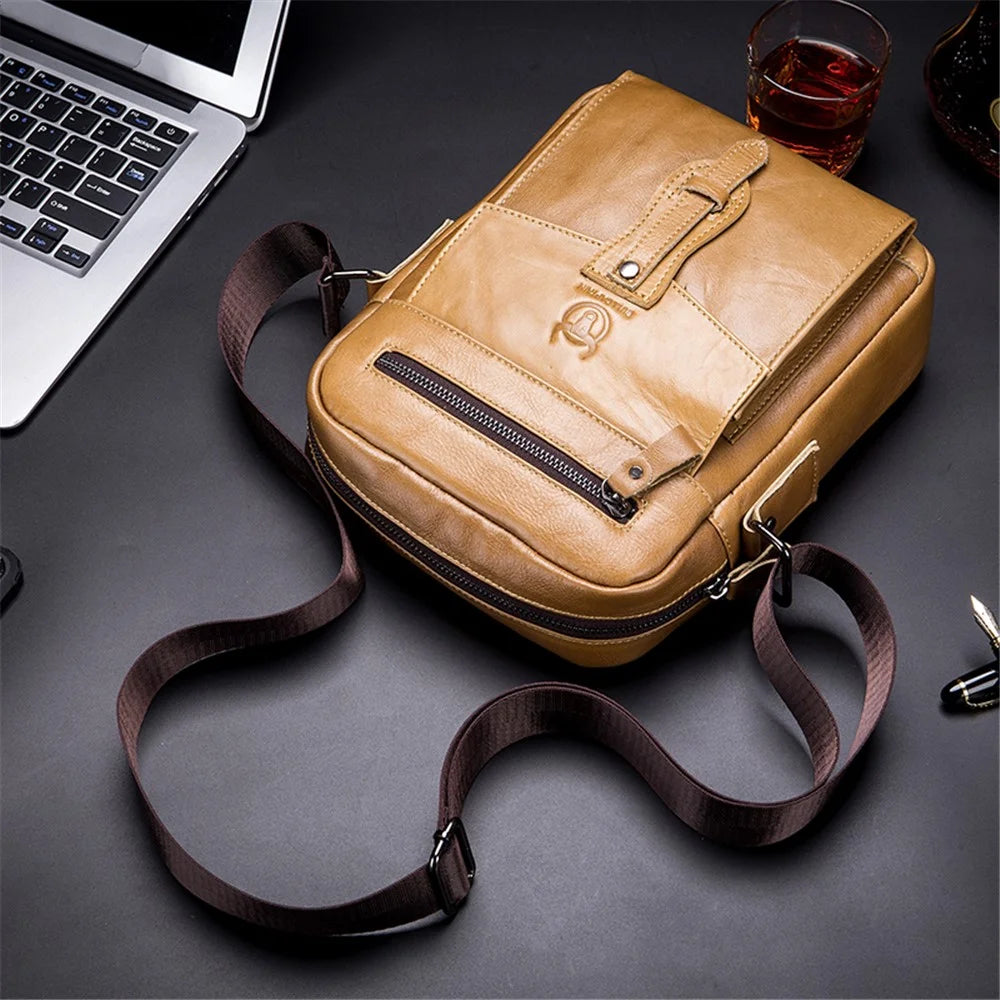 BULLCAPTAIN 053 Large Crossbody Bag Business Style Shoulder Bag Top-Layer Cowhide Leather Travel  Bag, Size: S - Yellowish-brown - 2