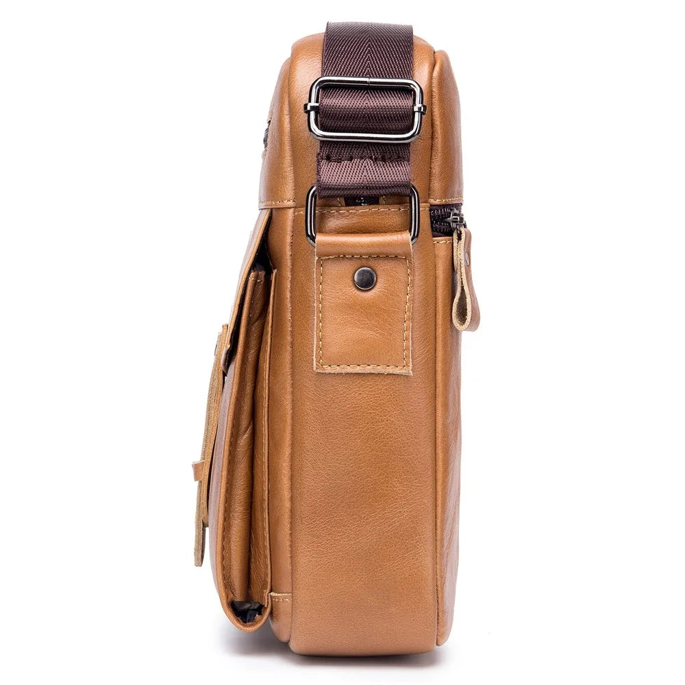 BULLCAPTAIN 053 Large Crossbody Bag Business Style Shoulder Bag Top-Layer Cowhide Leather Travel  Bag, Size: S - Yellowish-brown - 4