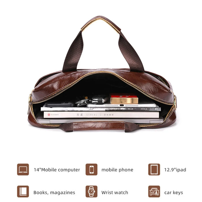 BULLCAPTAIN 053 Business Briefcase Top-Layer Cowhide Leather Handbag Shoulder Bag Laptop Messenger Crossbody Bag - Coffee - 3