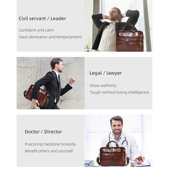 BULLCAPTAIN 053 Business Briefcase Top-Layer Cowhide Leather Handbag Shoulder Bag Laptop Messenger Crossbody Bag - Coffee - 7