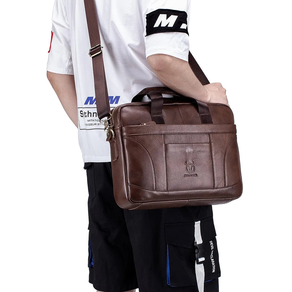 BULLCAPTAIN 048 Top-Layer Cowhide Leather Laptop Handbag Shoulder Bag Business Briefcase Messenger Tote Bag - Brown - 4