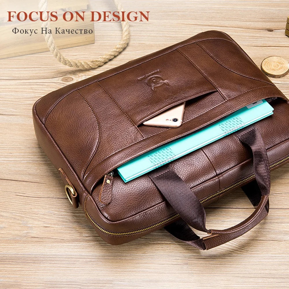BULLCAPTAIN 048 Top-Layer Cowhide Leather Laptop Handbag Shoulder Bag Business Briefcase Messenger Tote Bag - Brown - 5