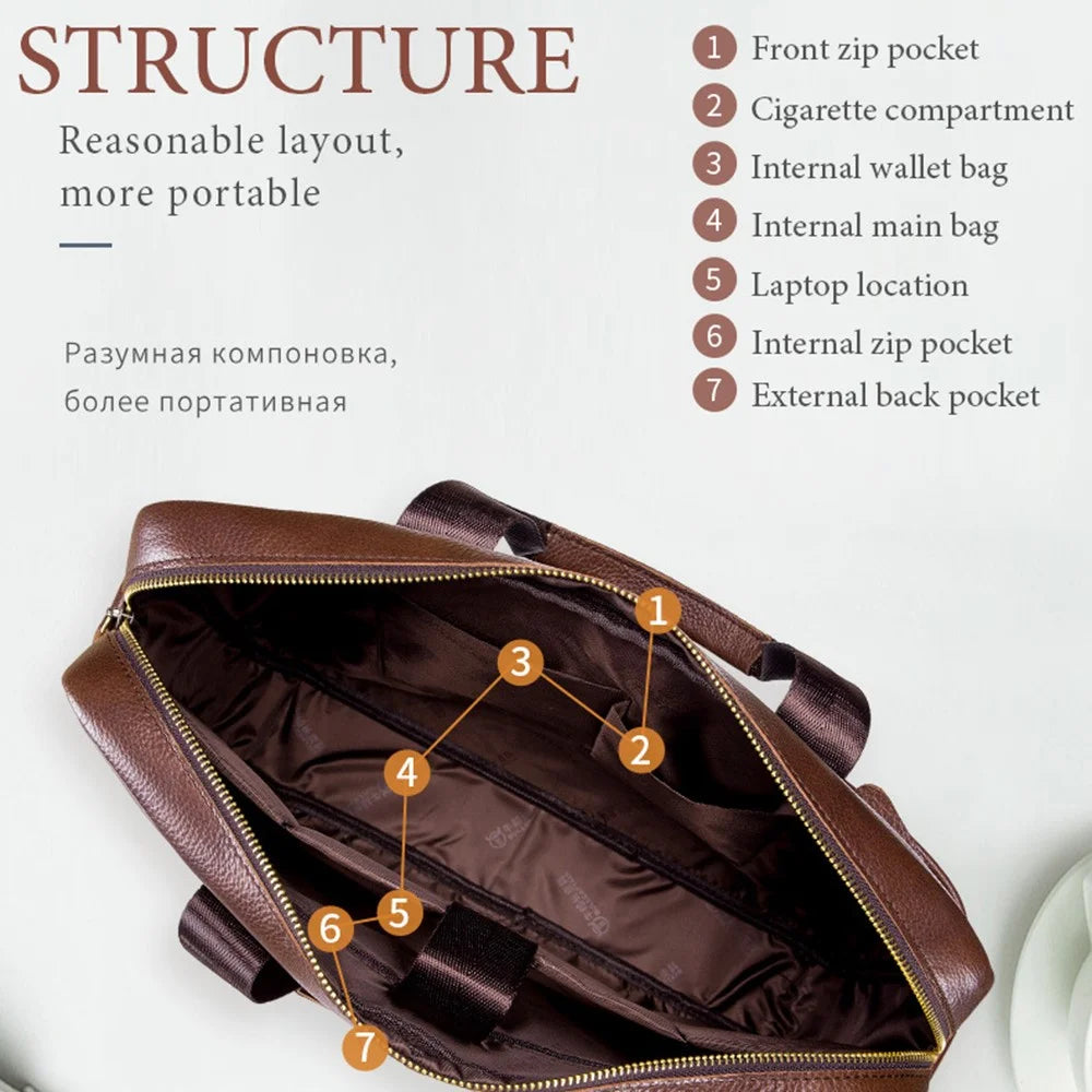 BULLCAPTAIN 048 Top-Layer Cowhide Leather Laptop Handbag Shoulder Bag Business Briefcase Messenger Tote Bag - Brown - 6