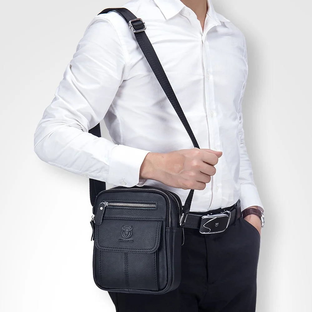 BULLCAPTAIN 016 Crossbody Bag Shoulder Bag Top-Layer Cowhide Leather Travel Business Shopping Carrying Bag - Black - 6