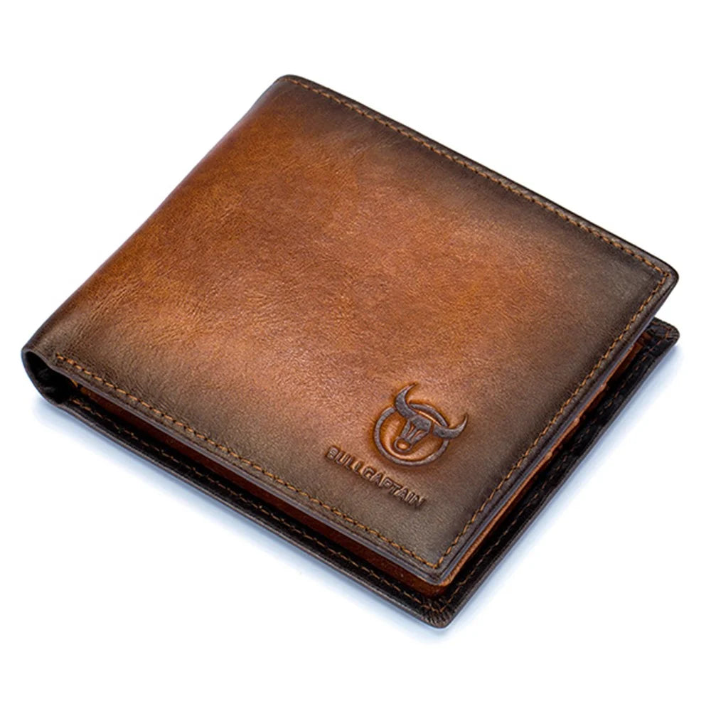BULLCAPTAIN 05 Folding Wallet RFID Blocking Top-Layer Cowhide Leather Card Carrying Pouch Coin Bag - Yellowish-brown - 1