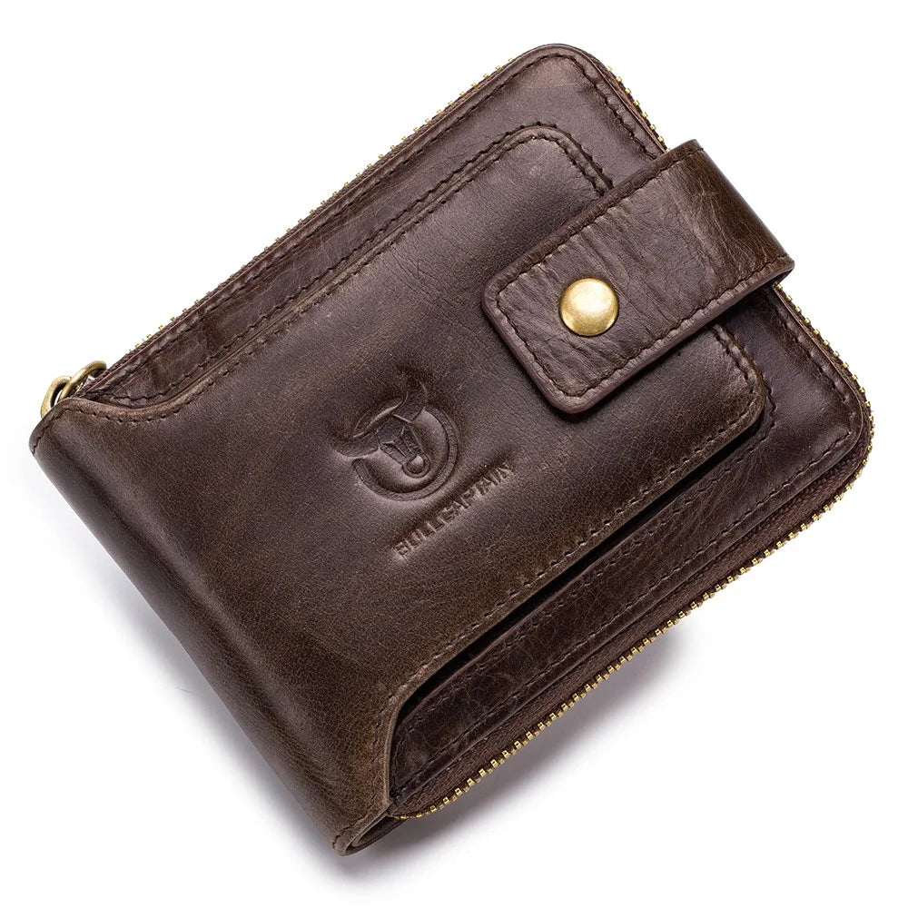 BULLCAPTAIN 231 Zipper Wallet RFID Blocking Top-Layer Cowhide Leather Card Carrying Pouch Coin Storage Bag - Coffee - 1