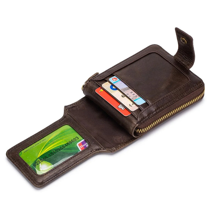 BULLCAPTAIN 231 Zipper Wallet RFID Blocking Top-Layer Cowhide Leather Card Carrying Pouch Coin Storage Bag - Coffee - 3